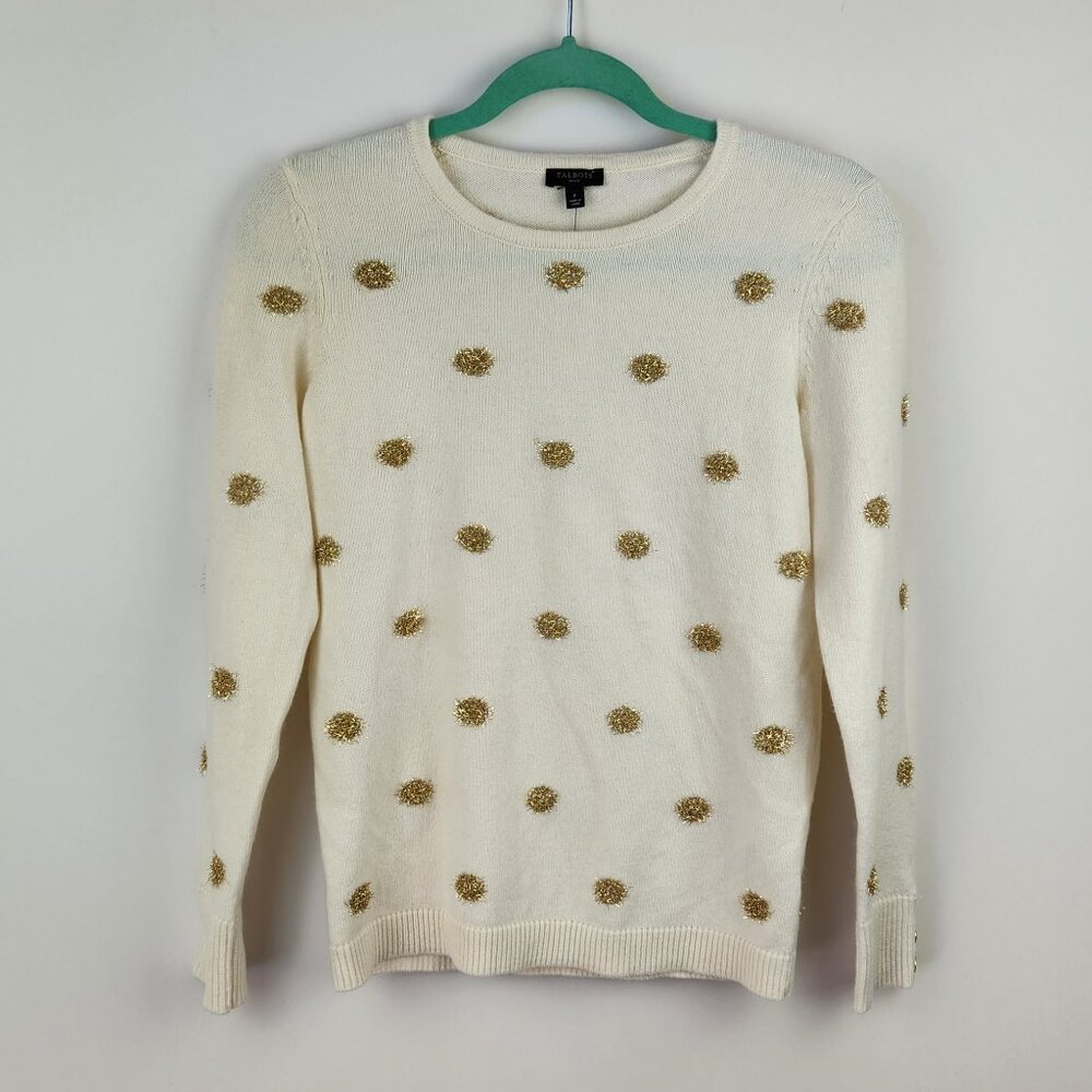 NWT Talbots Metallic Tinsel Polka Dot Wool Blend Crewneck Sweater XS Petite